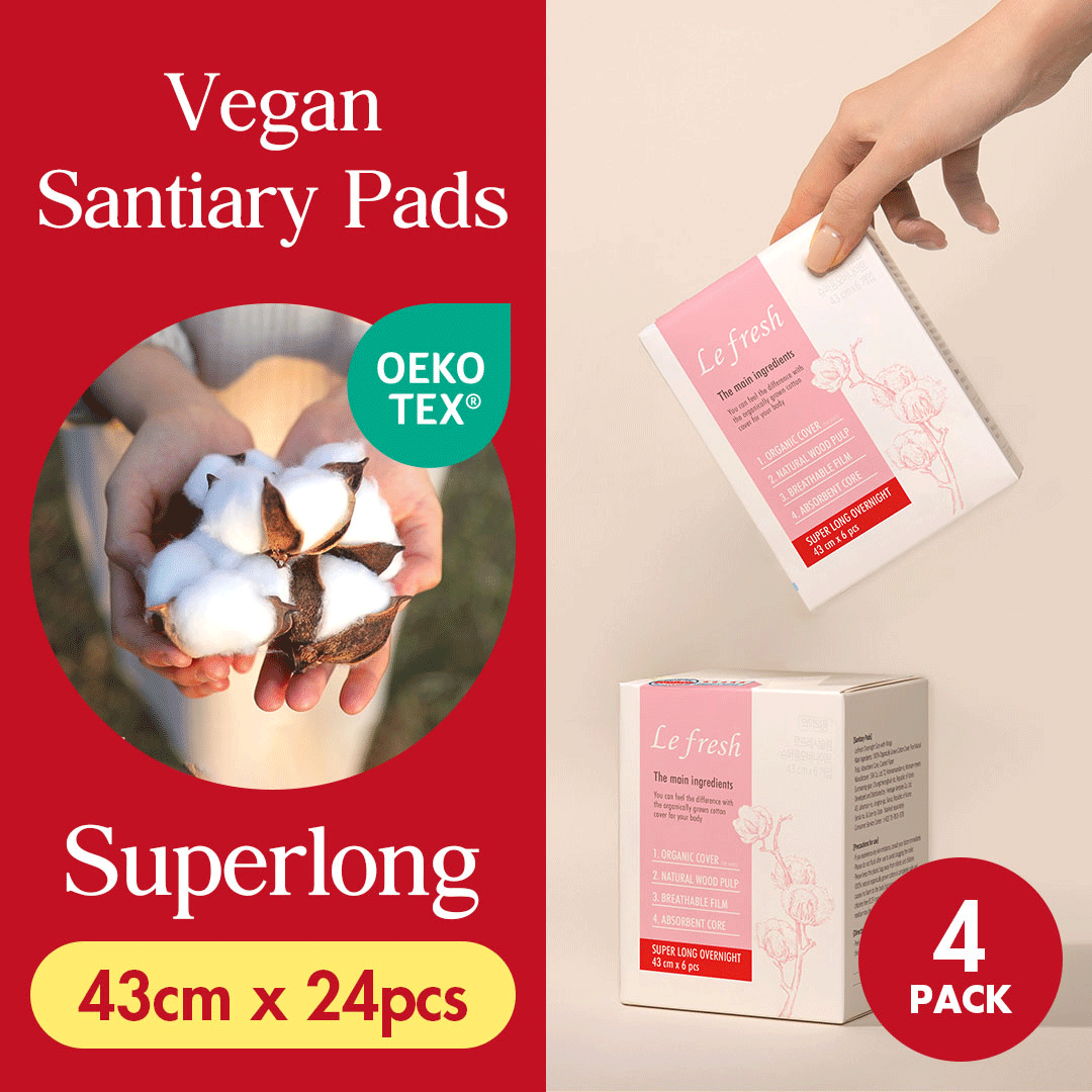 Lefresh Organic Cover Maxi Pads with Wings | Super Long Overnight, 24 Count | Heavy Absorbency - Unscented - Vegan - Chlorine Free - Ultra Thin Pads for Women