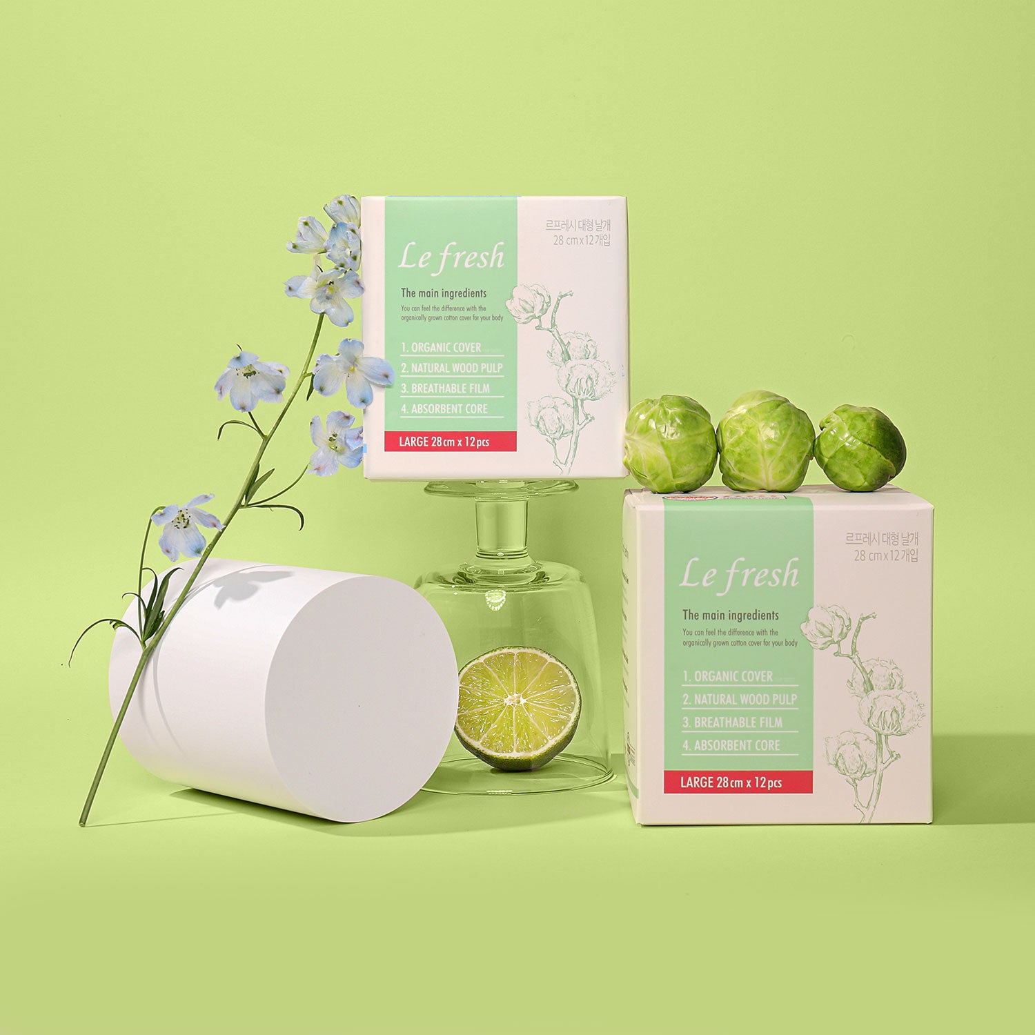 Lefresh Organic Cotton Cover Pads with Wings | Large, 24 Count | Heavy Absorbency - Unscented - Vegan - Chlorine Free - Ultra Thin Pads for Women (24)