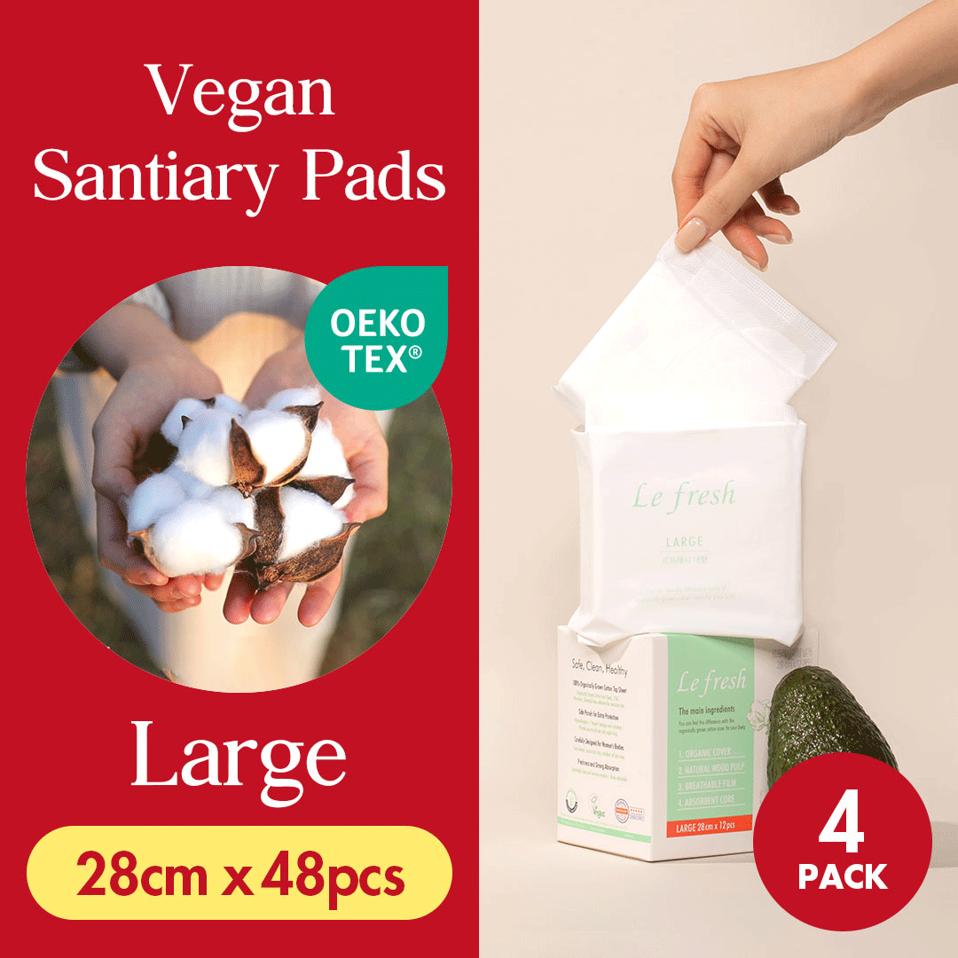 Lefresh Organic Cotton Cover Pads with Wings | Large, 48 Count | Heavy Absorbency - Unscented - Vegan - Chlorine Free - Ultra Thin Pads for Women