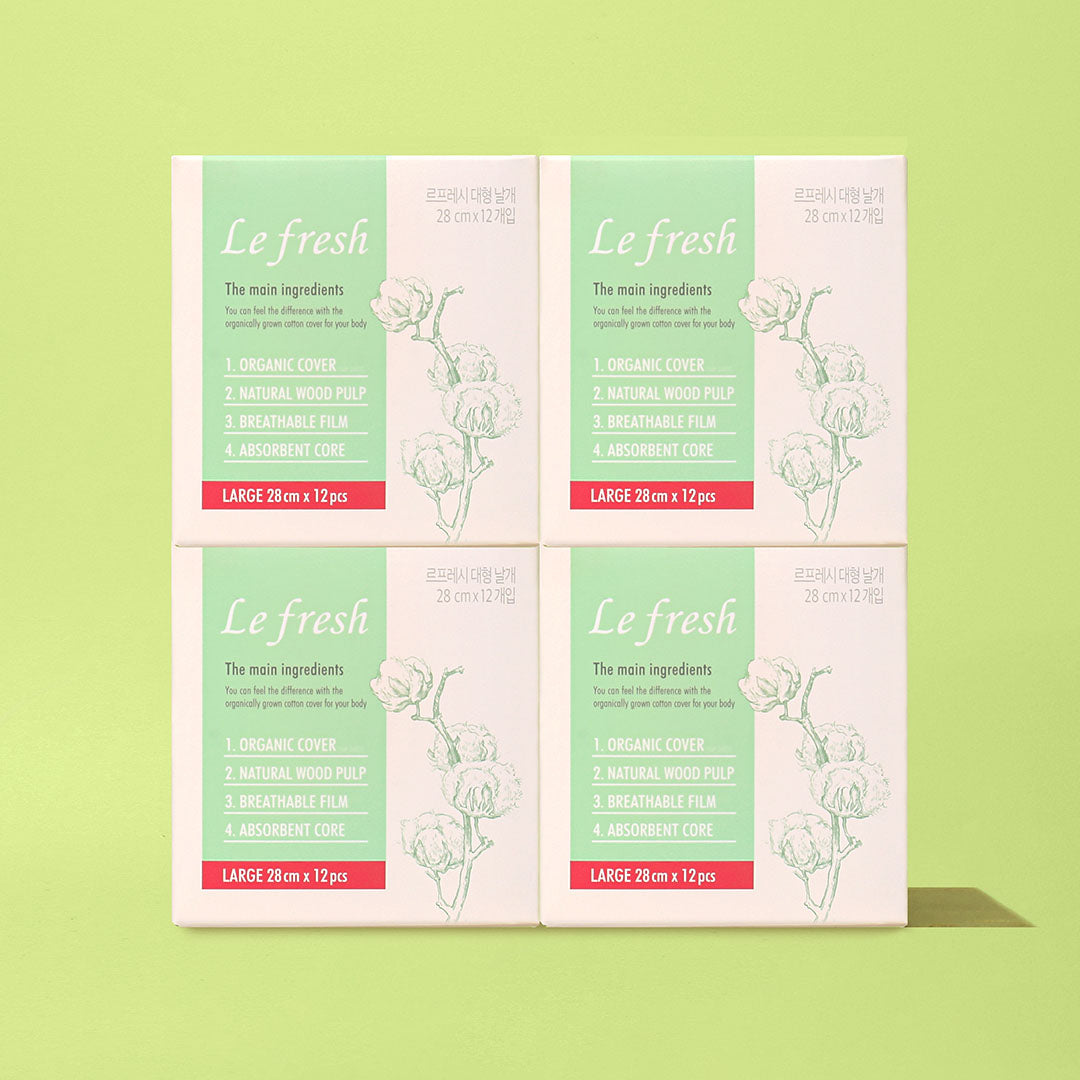 Lefresh Organic Cotton Cover Pads with Wings | Large, 48 Count | Heavy Absorbency - Unscented - Vegan - Chlorine Free - Ultra Thin Pads for Women