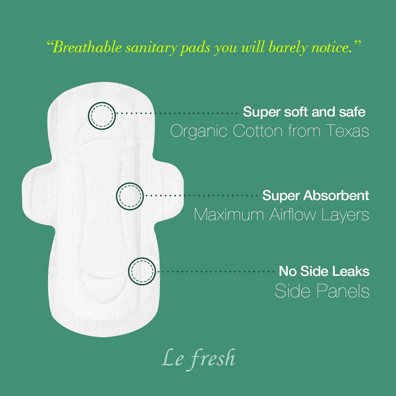 Lefresh Organic Cotton Cover Pads with Wings | Large, 48 Count | Heavy Absorbency - Unscented - Vegan - Chlorine Free - Ultra Thin Pads for Women