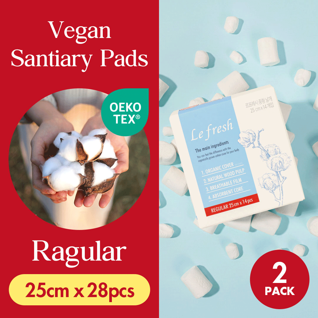 Lefresh Organic Cotton Cover Pads with Wings| Regular, 28 Count | Regular Absorbency - Unscented - Vegan - Chlorine Free - Ultra Thin Pads for Women