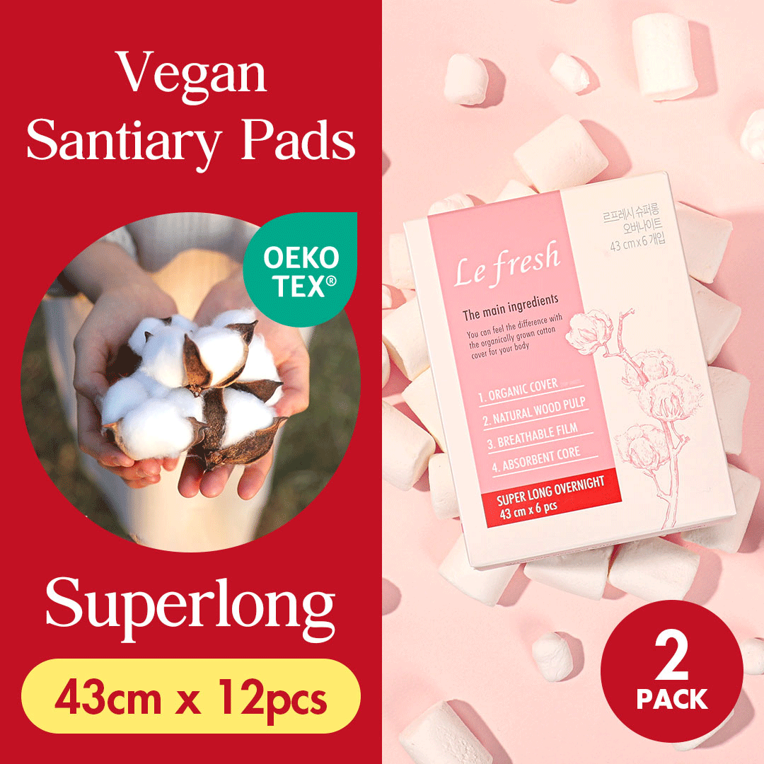 Lefresh Organic Cover Maxi Pads with Wings | Super Long Overnight, 12 Count | Heavy Absorbency - Unscented - Vegan - Chlorine Free - Ultra Thin Pads for Women